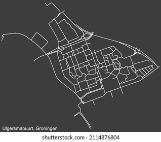 Mapa detallado negativo de las líneas blancas de navegación en las calles urbanas del VECINDARIO ULGERSMABUURT de la capital regional holandesa, Groningen, Países Bajos, sobre fondo gris oscuro