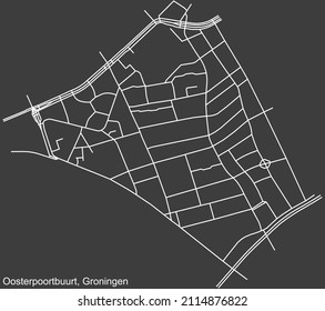Detaillierte Negativnavigation mit weißen Linien Stadtstraßen Karte des OOSTERPOORTBUURT NEIGHBORHOOD der niederländischen Hauptstadt Groningen, Niederlande auf dunkelgrauem Hintergrund