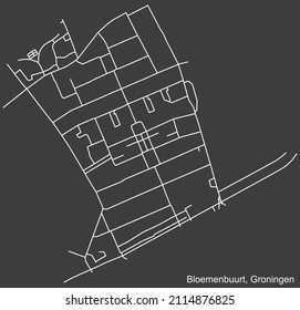 Detailed negative navigation white lines urban street roads map of the BLOEMENBUURT NEIGHBORHOOD of the Dutch regional capital city Groningen, Netherlands on dark gray background