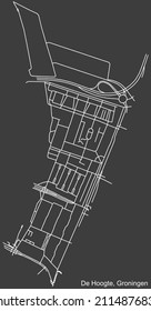 Detailed negative navigation white lines urban street roads map of the DE HOOGTE NEIGHBORHOOD of the Dutch regional capital city Groningen, Netherlands on dark gray background