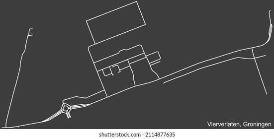 Detailed negative navigation white lines urban street roads map of the VIERVERLATEN NEIGHBORHOOD of the Dutch regional capital city Groningen, Netherlands on dark gray background