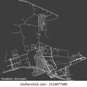 Detailed negative navigation white lines urban street roads map of the HOOGKERK NEIGHBORHOOD of the Dutch regional capital city Groningen, Netherlands on dark gray background
