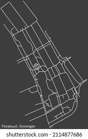 Detailed negative navigation white lines urban street roads map of the FLORABUURT NEIGHBORHOOD of the Dutch regional capital city Groningen, Netherlands on dark gray background