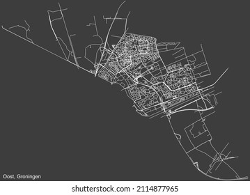 Detailed negative navigation white lines urban street roads map of the OOST DISTRICT of the Dutch regional capital city Groningen, Netherlands on dark gray background