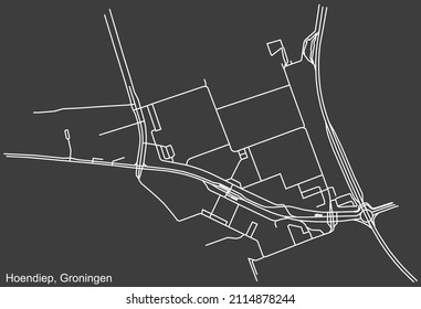 Detailed negative navigation white lines urban street roads map of the HOENDIEP NEIGHBORHOOD of the Dutch regional capital city Groningen, Netherlands on dark gray background