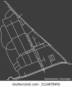 Detailed negative navigation white lines urban street roads map of the KOSTVERLOREN NEIGHBORHOOD of the Dutch regional capital city Groningen, Netherlands on dark gray background