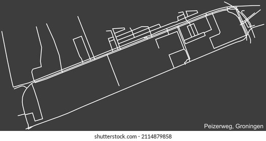 Detailed negative navigation white lines urban street roads map of the PEIZERWEG NEIGHBORHOOD of the Dutch regional capital city Groningen, Netherlands on dark gray background