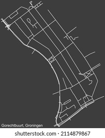 Detailed negative navigation white lines urban street roads map of the GORECHTBUURT NEIGHBORHOOD of the Dutch regional capital city Groningen, Netherlands on dark gray background