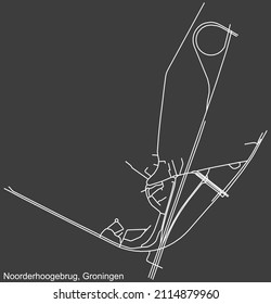 Detailed negative navigation white lines urban street roads map of the NOORDERHOOGEBRUG NEIGHBORHOOD of the Dutch regional capital city Groningen, Netherlands on dark gray background