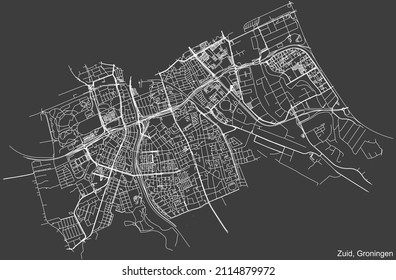 Mapa detallado negativo de las líneas blancas de navegación en las calles urbanas del DISTRITO ZUID de la capital regional holandesa, Groningen, Países Bajos sobre fondo gris oscuro
