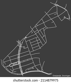 Detailed negative navigation white lines urban street roads map of the ORANJEWIJK NEIGHBORHOOD of the Dutch regional capital city Groningen, Netherlands on dark gray background