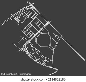 Detailed negative navigation white lines urban street roads map of the INDUSTRIEBUURT NEIGHBORHOOD of the Dutch regional capital city Groningen, Netherlands on dark gray background