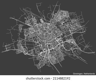 Detailed negative navigation white lines urban street roads map of the Dutch regional capital city of GRONINGEN, NETHERLANDS on dark gray background