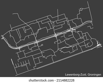 Detailed negative navigation white lines urban street roads map of the LEWENBORG-ZUID NEIGHBORHOOD of the Dutch regional capital city Groningen, Netherlands on dark gray background