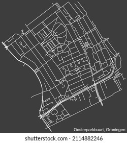 Detailed negative navigation white lines urban street roads map of the OOSTERPARKBUURT NEIGHBORHOOD of the Dutch regional capital city Groningen, Netherlands on dark gray background