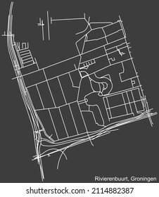 Mapa detallado negativo de las líneas blancas de navegación en las calles urbanas del VECINDARIO RIVIERENBUURT de la capital regional holandesa, Groningen, Países Bajos, sobre fondo gris oscuro