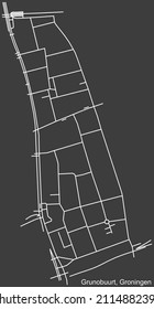 Detailed negative navigation white lines urban street roads map of the GRUNOBUURT NEIGHBORHOOD of the Dutch regional capital city Groningen, Netherlands on dark gray background