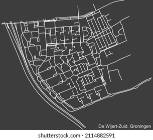 Detailed negative navigation white lines urban street roads map of the DE WIJERT-ZUID NEIGHBORHOOD of the Dutch regional capital city Groningen, Netherlands on dark gray background