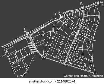 Detailed negative navigation white lines urban street roads map of the CORPUS DEN HOORN NEIGHBORHOOD of the Dutch regional capital city Groningen, Netherlands on dark gray background