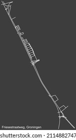 Detailed negative navigation white lines urban street roads map of the FRIESESTRAATWEG NEIGHBORHOOD of the Dutch regional capital city Groningen, Netherlands on dark gray background