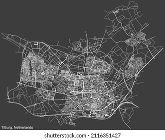 Mapa detallado negativo de las líneas blancas de navegación en las calles urbanas de la capital regional holandesa de TILBURG, PAÍSES BAJOS sobre fondo gris oscuro