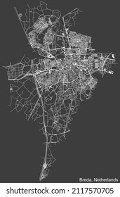 Detailed negative navigation white lines urban street roads map of the Dutch regional capital city of BREDA, NETHERLANDS on dark gray background