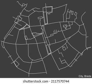 Mapa detallado negativo de las líneas blancas de navegación en las calles urbanas del VECINDARIO DE LA CIUDAD de la capital regional holandesa Breda, Países Bajos sobre fondo gris oscuro
