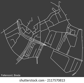 Detailed negative navigation white lines urban street roads map of the FELLENOORD NEIGHBORHOOD of the Dutch regional capital city Breda, Netherlands on dark gray background