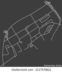 Detailed negative navigation white lines urban street roads map of the SCHORSMOLEN NEIGHBORHOOD of the Dutch regional capital city Breda, Netherlands on dark gray background