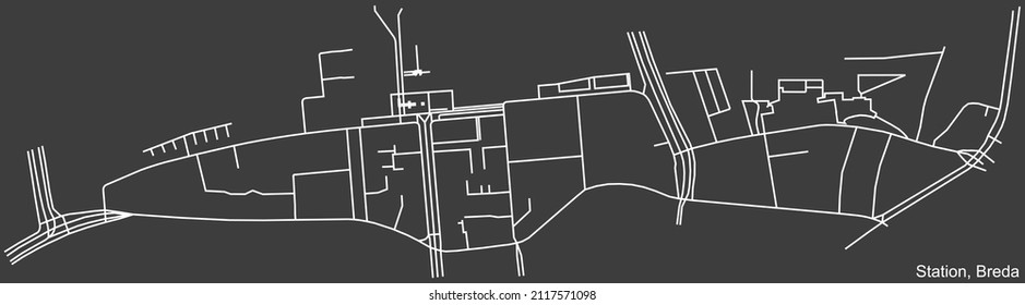 Detailed negative navigation white lines urban street roads map of the STATION NEIGHBORHOOD of the Dutch regional capital city Breda, Netherlands on dark gray background