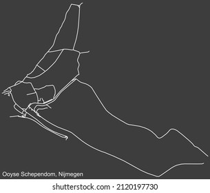 Detailed negative navigation white lines urban street roads map of the OOYSE SCHEPENDOM NEIGHBORHOOD of the Dutch regional capital city Nijmegen, Netherlands on dark gray background