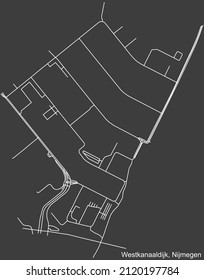Mapa detallado negativo de las líneas blancas de navegación en las calles urbanas del BARRIO WESTKANAALDIJK de la capital regional neerlandesa Nijmegen, Países Bajos sobre fondo gris oscuro