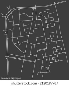 Detailed negative navigation white lines urban street roads map of the LANKFORST NEIGHBORHOOD of the Dutch regional capital city Nijmegen, Netherlands on dark gray background