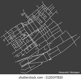 Detailed negative navigation white lines urban street roads map of the HESEVELD NEIGHBORHOOD of the Dutch regional capital city Nijmegen, Netherlands on dark gray background