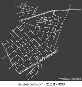 Mapa detallado negativo de las líneas blancas de navegación en las calles urbanas del VECINDARIO WOLFSKUIL de la capital regional neerlandesa Nijmegen, Países Bajos sobre fondo gris oscuro