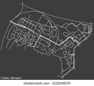 Detailed negative navigation white lines urban street roads map of the 'T ACKER NEIGHBORHOOD of the Dutch regional capital city Nijmegen, Netherlands on dark gray background