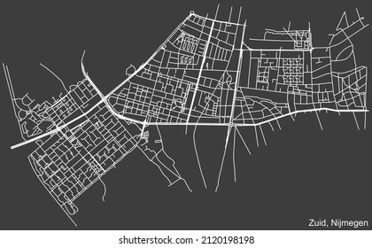Detailed negative navigation white lines urban street roads map of the NIJMEGEN-ZUID DISTRICT of the Dutch regional capital city Nijmegen, Netherlands on dark gray background