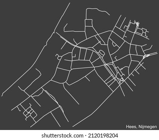 Detailed negative navigation white lines urban street roads map of the HEES NEIGHBORHOOD of the Dutch regional capital city Nijmegen, Netherlands on dark gray background