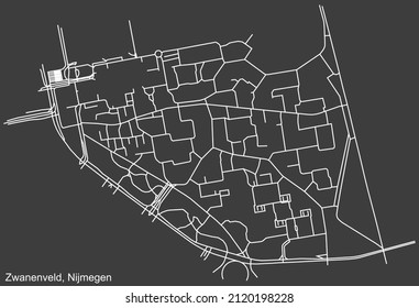 Detailed negative navigation white lines urban street roads map of the ZWANENVELD NEIGHBORHOOD of the Dutch regional capital city Nijmegen, Netherlands on dark gray background