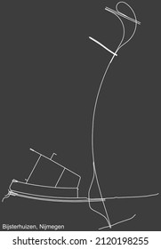 Detailed negative navigation white lines urban street roads map of the BIJSTERHUIZEN NEIGHBORHOOD of the Dutch regional capital city Nijmegen, Netherlands on dark gray background