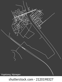 Detailed negative navigation white lines urban street roads map of the VOGELZANG NEIGHBORHOOD of the Dutch regional capital city Nijmegen, Netherlands on dark gray background