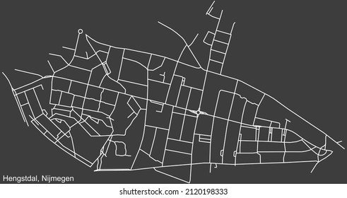 Mapa detallado negativo de las líneas blancas de navegación en las calles urbanas del VECINDARIO HENGSTDAL de la capital regional neerlandesa Nijmegen, Países Bajos sobre fondo gris oscuro