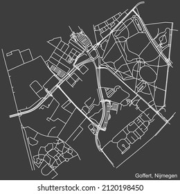 Detailed negative navigation white lines urban street roads map of the GOFFERT NEIGHBORHOOD of the Dutch regional capital city Nijmegen, Netherlands on dark gray background