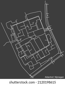 Detailed negative navigation white lines urban street roads map of the ALDENHOF NEIGHBORHOOD of the Dutch regional capital city Nijmegen, Netherlands on dark gray background
