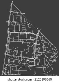 Detailed negative navigation white lines urban street roads map of the HEIJENDAAL NEIGHBORHOOD of the Dutch regional capital city Nijmegen, Netherlands on dark gray background