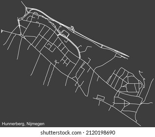 Detaillierte Karte mit Negativnavigationslinien für Stadtstraßen der HUNNERBERG NACHBARHOOD der niederländischen Hauptstadt Nijmegen auf dunkelgrauem Hintergrund