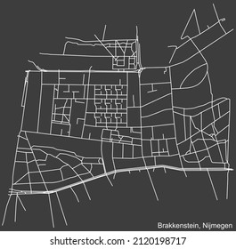 Detailed negative navigation white lines urban street roads map of the BRAKKENSTEIN NEIGHBORHOOD of the Dutch regional capital city Nijmegen, Netherlands on dark gray background