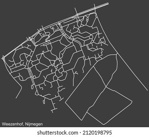 Detailed negative navigation white lines urban street roads map of the WEEZENHOF NEIGHBORHOOD of the Dutch regional capital city Nijmegen, Netherlands on dark gray background