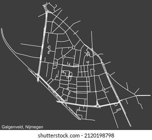 Detailed negative navigation white lines urban street roads map of the GALGENVELD NEIGHBORHOOD of the Dutch regional capital city Nijmegen, Netherlands on dark gray background