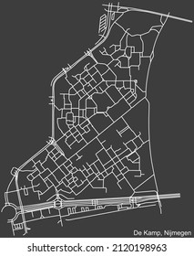 Detailed negative navigation white lines urban street roads map of the DE KAMP NEIGHBORHOOD of the Dutch regional capital city Nijmegen, Netherlands on dark gray background